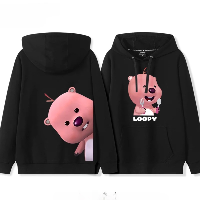 لطيف Loopy خذ سكين وشوكة لتناول الطعام الأرز المطبوعة زوجين معطف بقلنسوة الكرتون لطيف في سن المراهقة كلية نمط سترة متعددة الاستخدامات #3