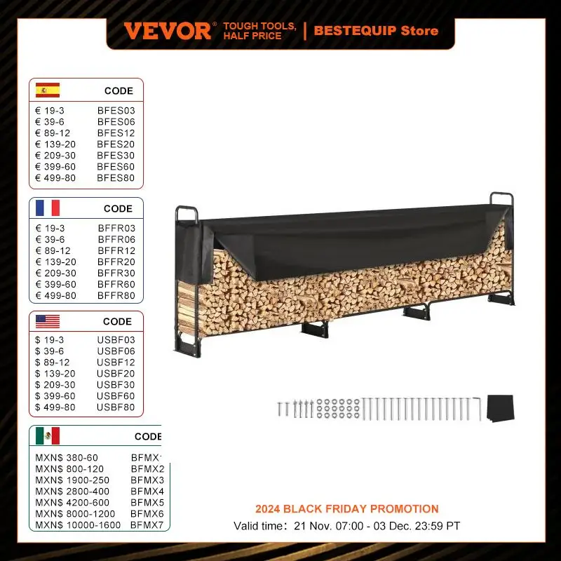 VEVOR 12.7FT Outdoor Firewood Rack with Cover Heavy Duty Firewood Holder & 600D Oxford Waterproof Cover for Fireplace Patio