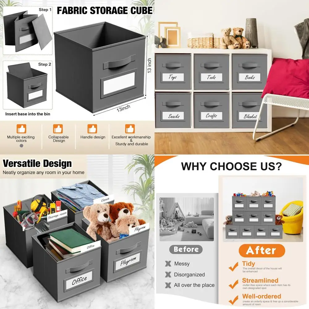 

13-дюймовые складные тканевые кубики для хранения с оконными этикетками для детской, одежды, книг и игрушек - серый