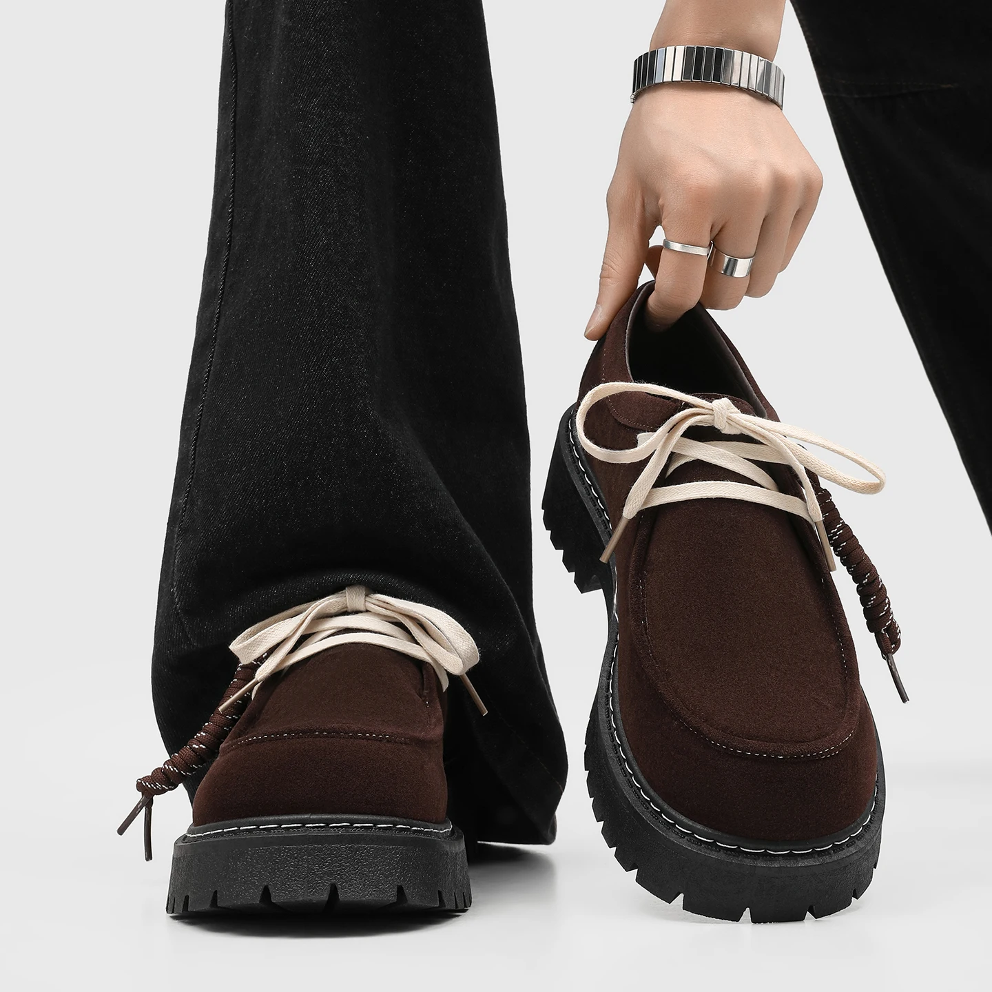 Autumn Winter Retro Derby Leather Shoes for Men, Anti-slip Wear-resistant Height Increasing Thick Sole Casual Wide Toe Footwear