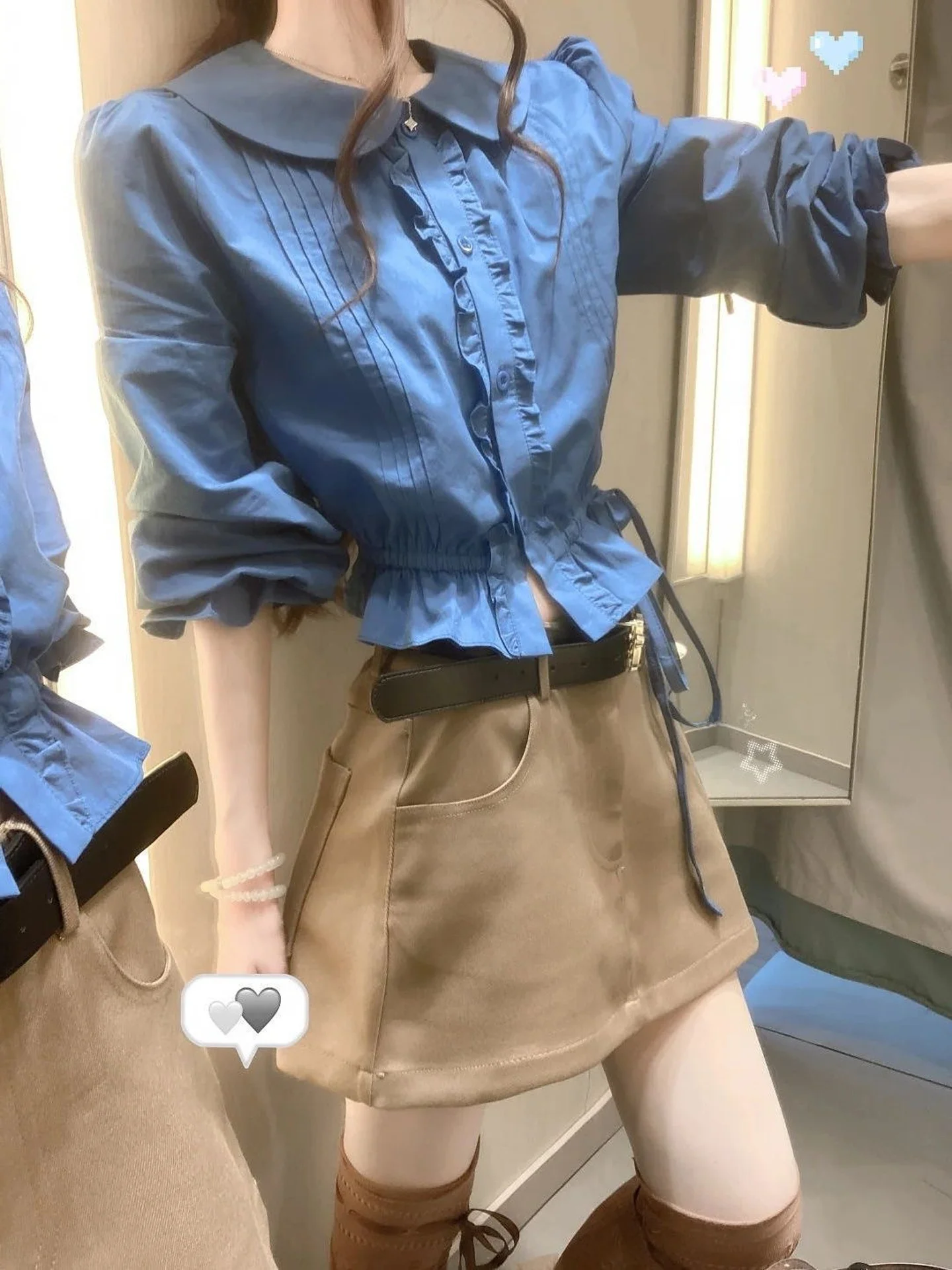 High Waist Waist-Cinching Long Sleeve Doll Collar Short Dress And Skirt Set for Women Autumn 2026 Korean Style Slimming Fashion
