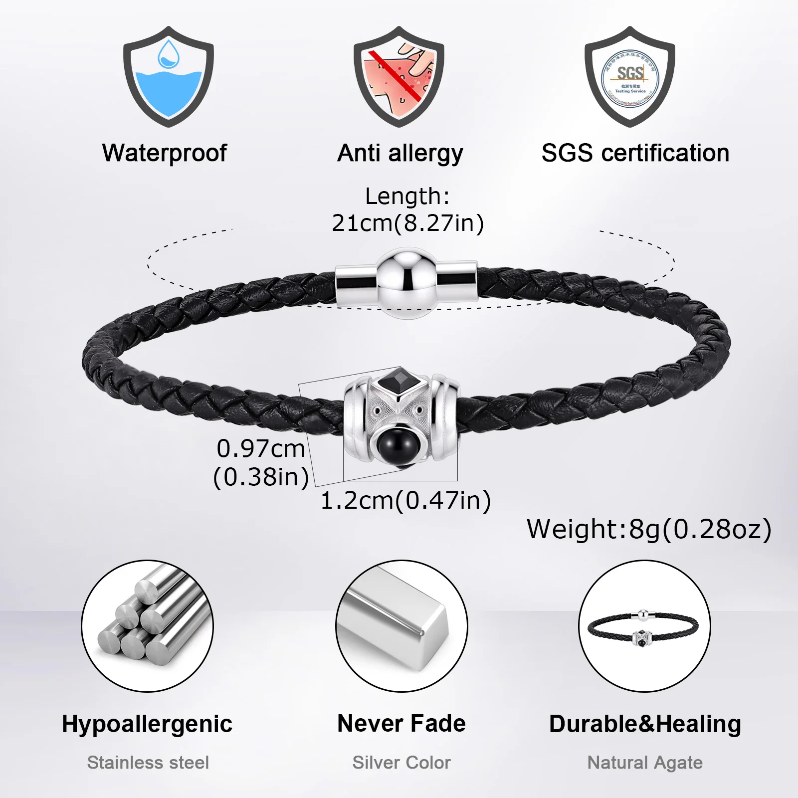 Stilvolle Herren-Lederarmbänder, Edelstahl-Armband mit schwarzen Zirkonia-Steinen, Geschenk für Ehemann, Vater, Sohn, BBF – Detail 1