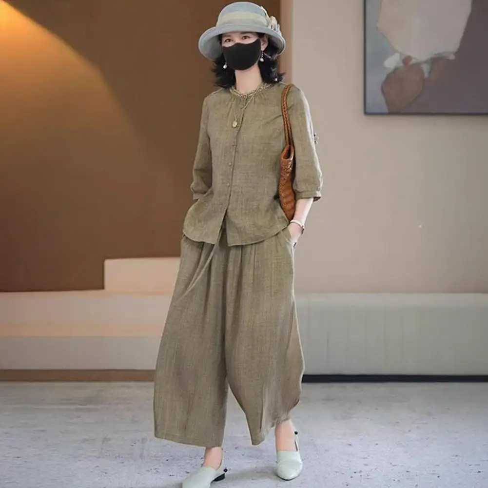 Relaxed Fit Women Clothing Women’s Cotton Linen Two-piece Set Button-down Short Sleeve Top Wide Leg Pants Lounge Outfit