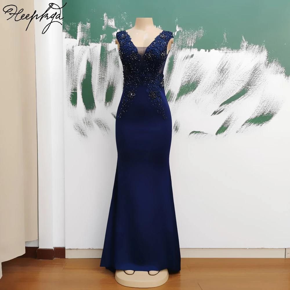 

Exquisite Mermaid Navy Blue Long 2024 Evening Dress Crystals Appliques See Through Back Formal Gowns For Prom Party In Stock
