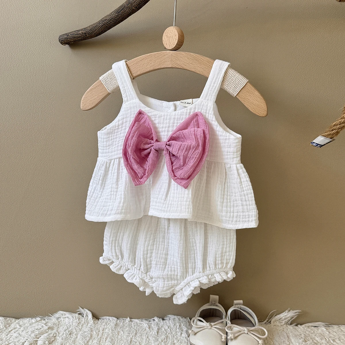 Sweet Style Baby Girl Set Suspender Shirts with Shorts White Two Piece Suit Girls Summer Bow Cute Set Suitable for 0-3 Years Old
