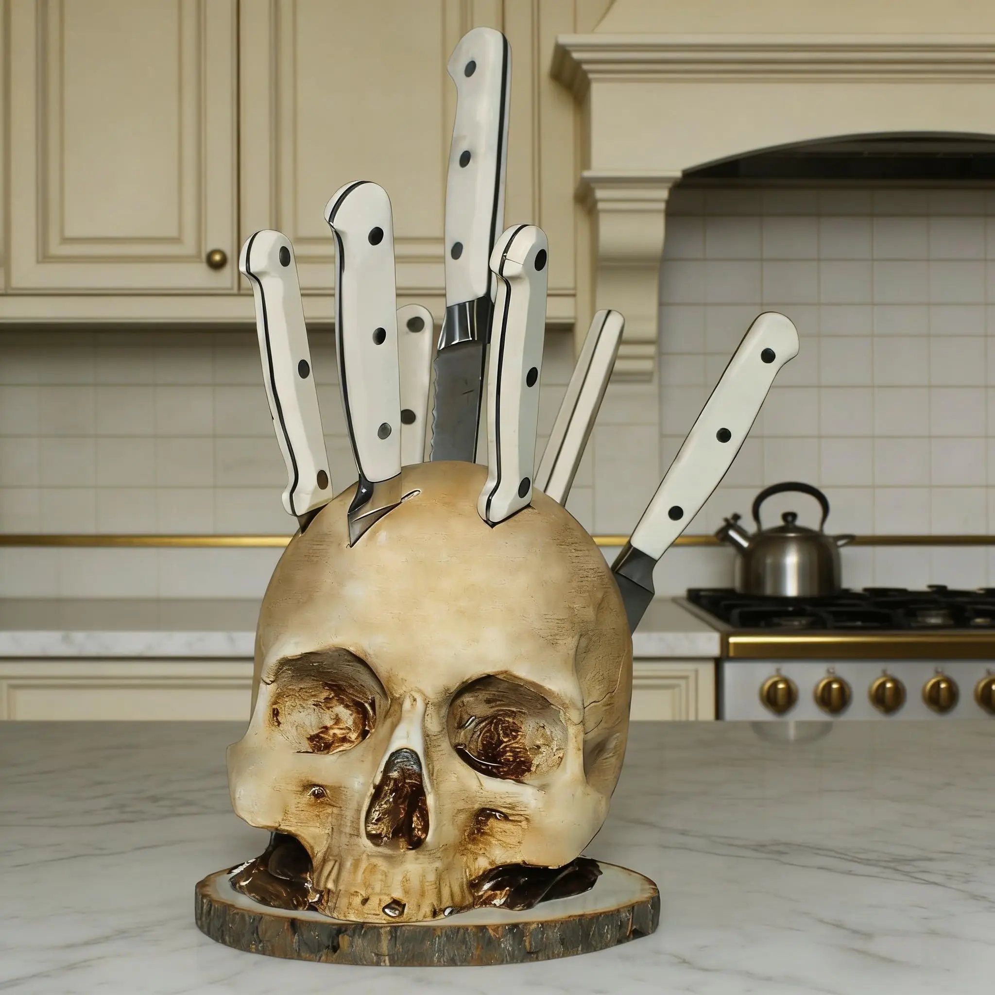 Life Size Skull Knife Block Holder,Hand Painted Resin Skull with 6 Slots for Kitchen Knives & Fruit,Horror Kitchen Party Display