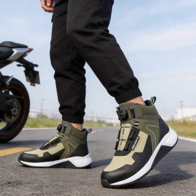 Men's Black / Green Motorcycle Boots Non-Slip Wear-Resistant Riding Shoes Lightweight Comfortable Moto Shoes 39-46