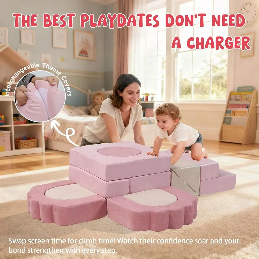 Toddler Foam Climbing Blocks Set, 13-Piece High-Density Play Structure, Washable Indoor Climbing Toys (Beige Pink)