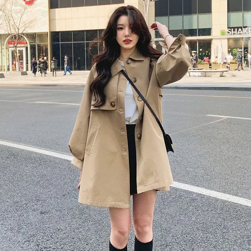 Khaki Trench Coat Mid-Length Classic Coats Formal Women Windbreake Jackets Spring Fall Outwear Lantern Sleeves Windbreaker