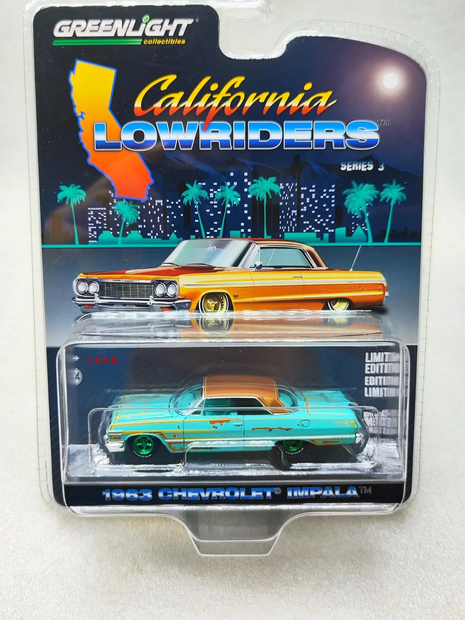 

1: 64 Калифорния низкая лежачая Серия 3-1963 Chevrolet Impala-бирюзовая коллекция зеленых моделей автомобилей