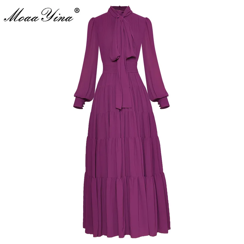 MoaaYina Fashion Runway dress Spring Women's Dress Bow Collar Long Lantern Sleeve Purple Elegant Pleated Party Dresses