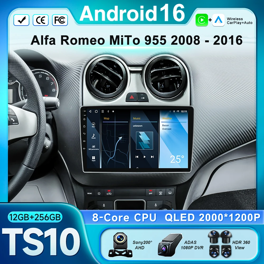 Reproductor de Radio Multimedia para Auto Android 16 para Alfa Romeo MiTo 955 2008 - 2016 con Navegación GPS, CarPlay, Bluetooth, DSP, RDS y Wifi