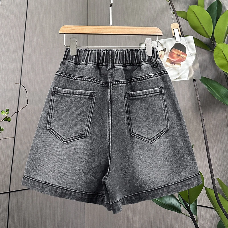 L-6XL حجم كبير الدنيم السراويل للنساء صيف 2025 عالية الخصر أسود فضفاض واسعة الساق جينس قصير النساء نجمة كبيرة الحجم جينس قصير