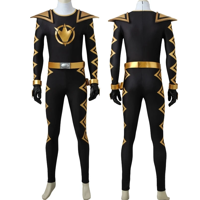 Dino Rangers Uniform With Shoulder Armors  Black Ranger Cosplay Costume Halloween Party Complete Outfit Gold Boots Custom Made