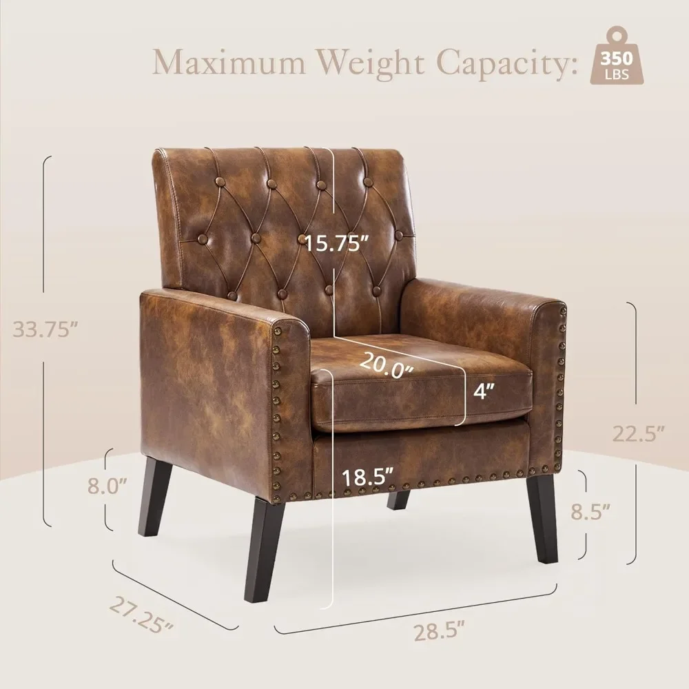 Yellow Brown Faux Leather Decorative Chair, Button Stitched Armchair, Comfortable Living Room Chair with Armrests