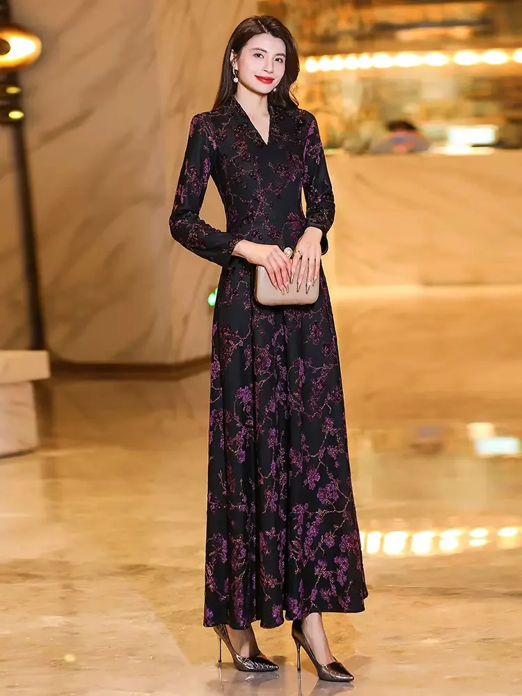 New Women Autumn Winter Plus Velvet Thick Overlength Dress Fashion Jacquard Bright Silk Small V-Neck Long Sleeve Slim Dress