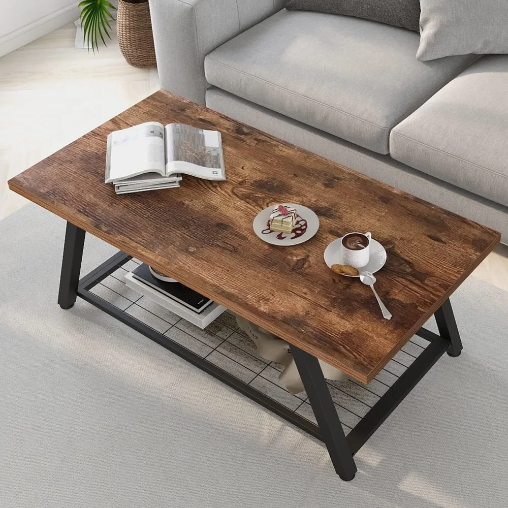 

2-Tier Industrial Coffee Table Mnimalist Vintage Farmhouse Wooden and Metal Living Room Coffee Table with Storage Shelf