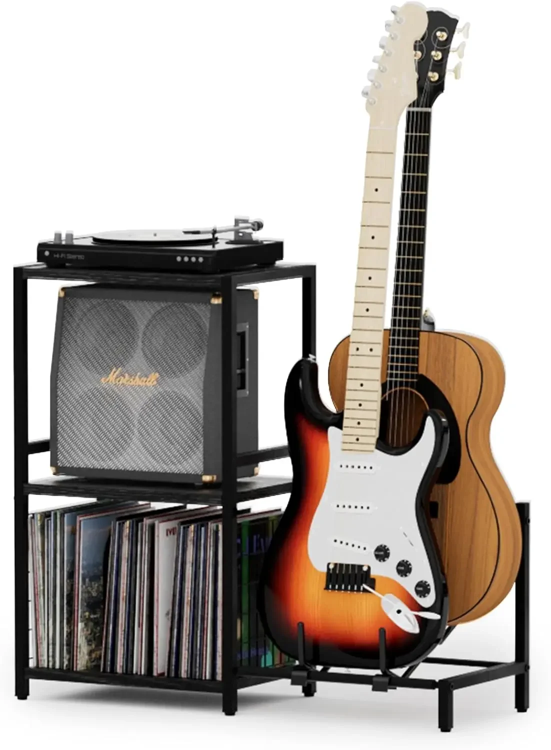 with Guitar Stand,Record Player Stand,Vinyl Records Storage,2-Tier Guitar Stand for Acoustic, Electric Guitar,Bass,Tur