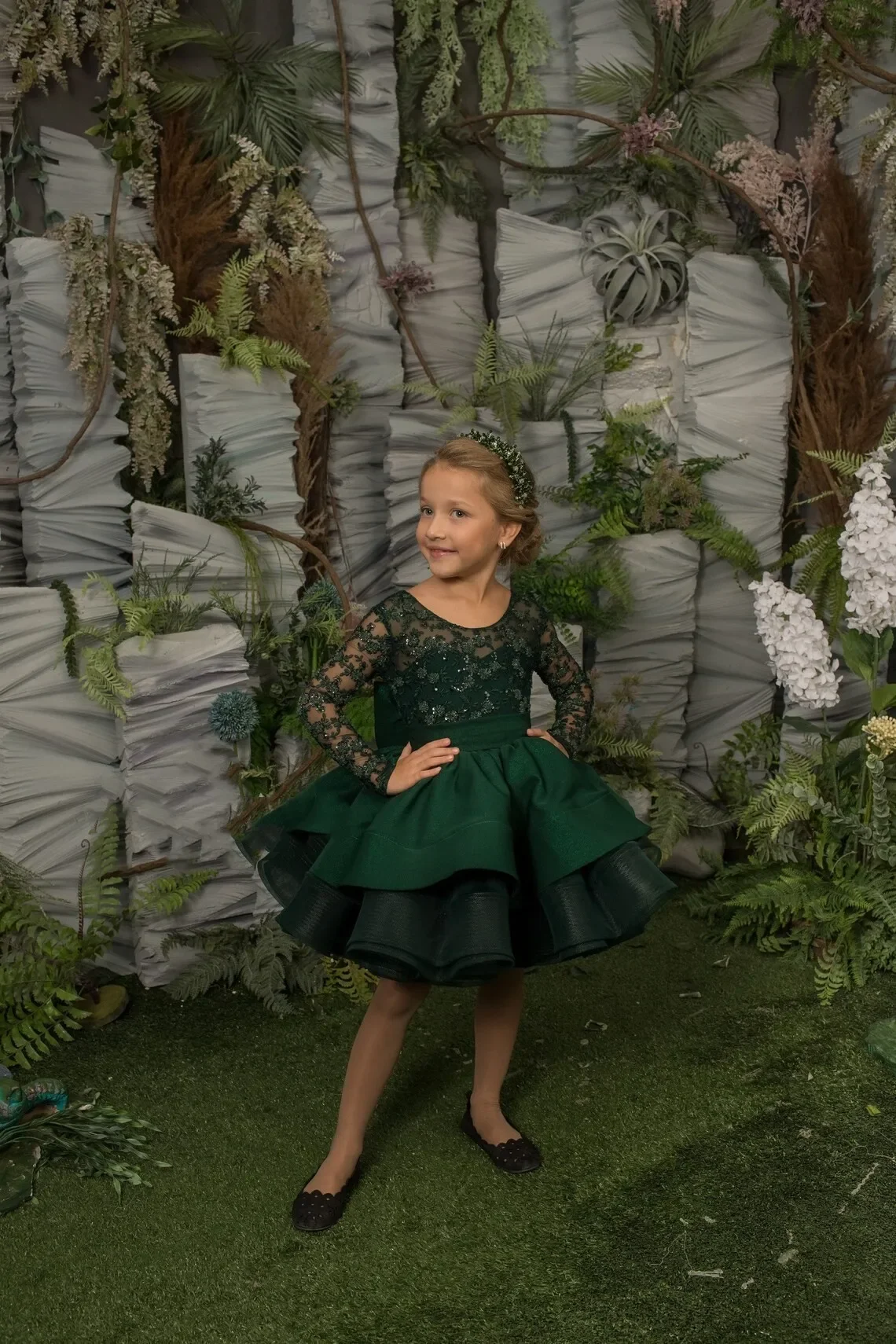 

Puffy Emerald Green Toddler Girl Birthday Dresses Long Sleeve Wedding Party Dress Short Appliques Kids Formal Tutu Ball Gown