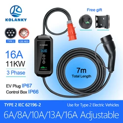 Kolanky Portable Adjust 16A 11KW EV Charger Type 2 IEC-62169 Timer 1-15 hour Charging For Electric Vehicle Hybrid Car 7M