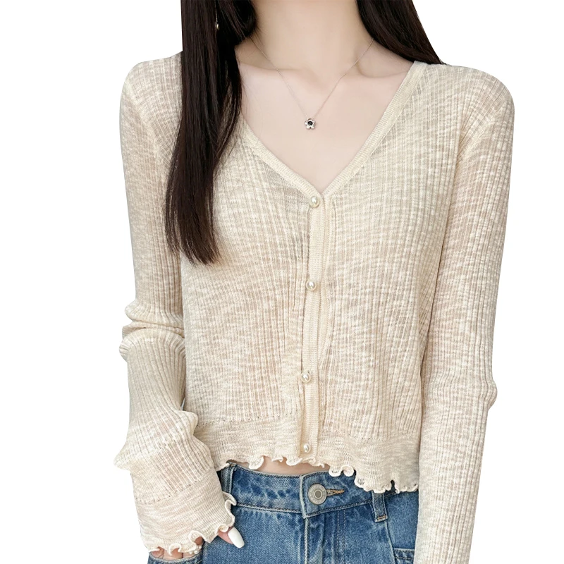 Women New Spring Summer Ice Silk Fabric Sweater V-neck Lace Short Style Cardigan Casual Knitted Soft Slim Sexy Jacket Top