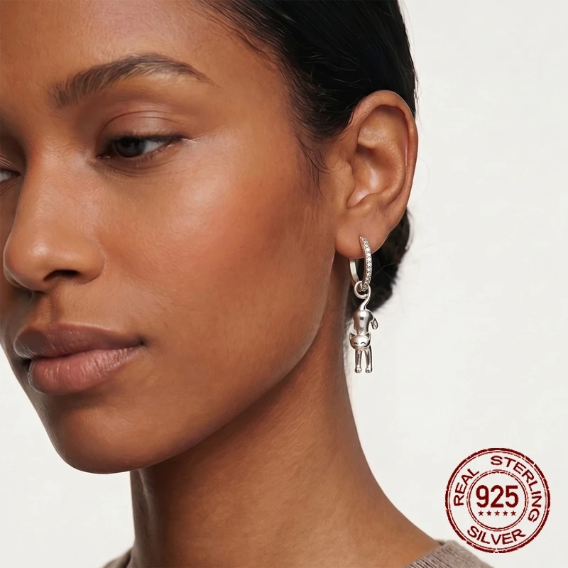 925 Sterling Silver Cute Cat Dangle Hoop Earrings CZ Crystal Paved Huggie Hoops Animal Drop Earrings for Women Jewelry Gifts