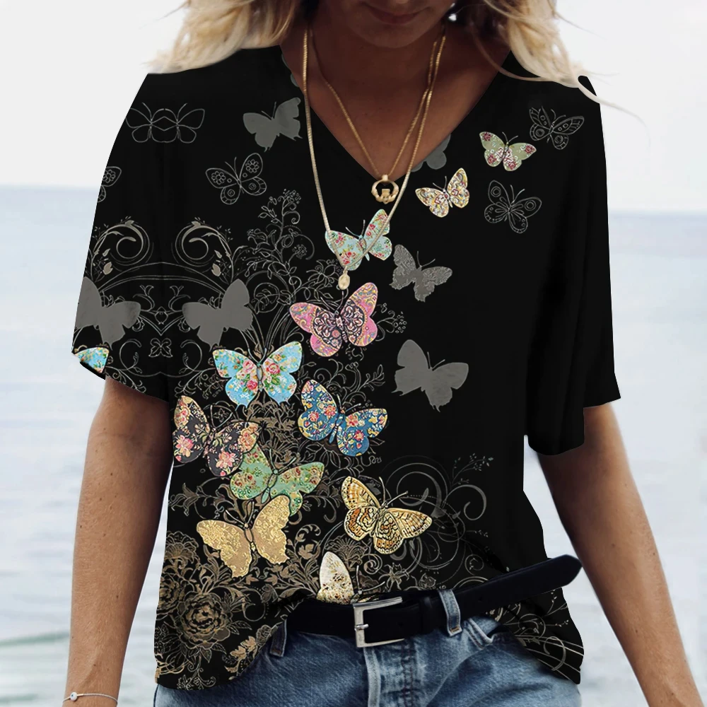 

Fashion 3D Butterfly Printed Women's T-shirt Summer V-neck Short Sleeve Tees Tops 2024 Casual Harajuku Oversized Female Clothing