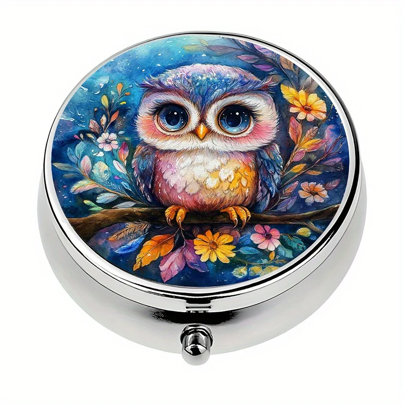 1 pill box with 3 compartments, cute owl watercolor-themed mini pill container, pill organizer, portable travel medicine pill and vitamin storage box