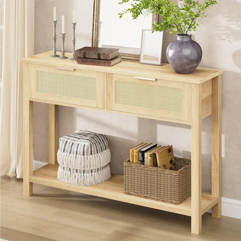 Rattan Entryway Table, Boho Console Table with Drawers, 2 Tier Sofa Table with Storage, Wooden Console Table for Entryw
