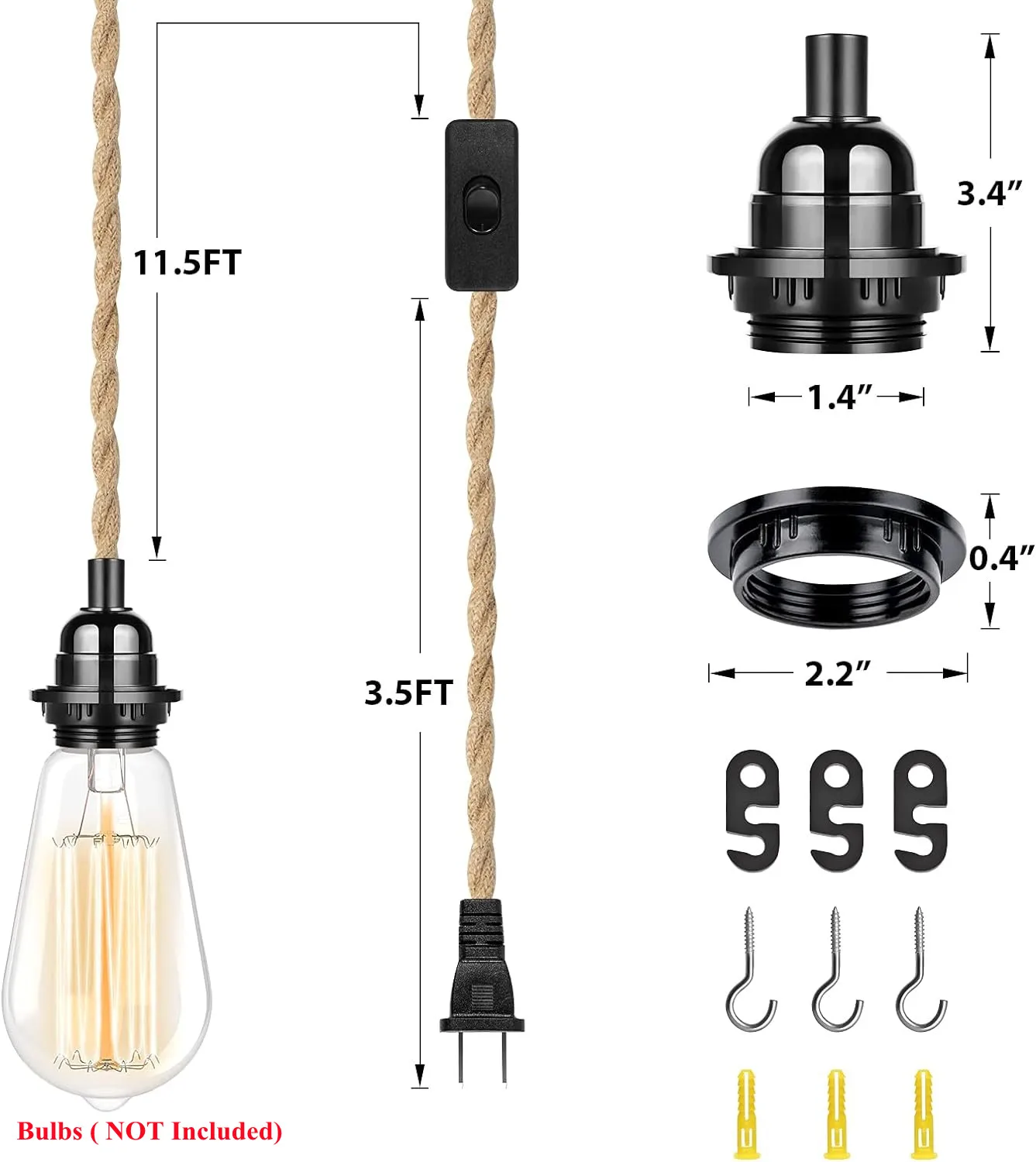 Hang Light Fixture,15FT Pendant Lamp Lights Cord with Switch E26 Bulbs Socket,Industrial Twisted Hemp Rope Lamps for Home Light