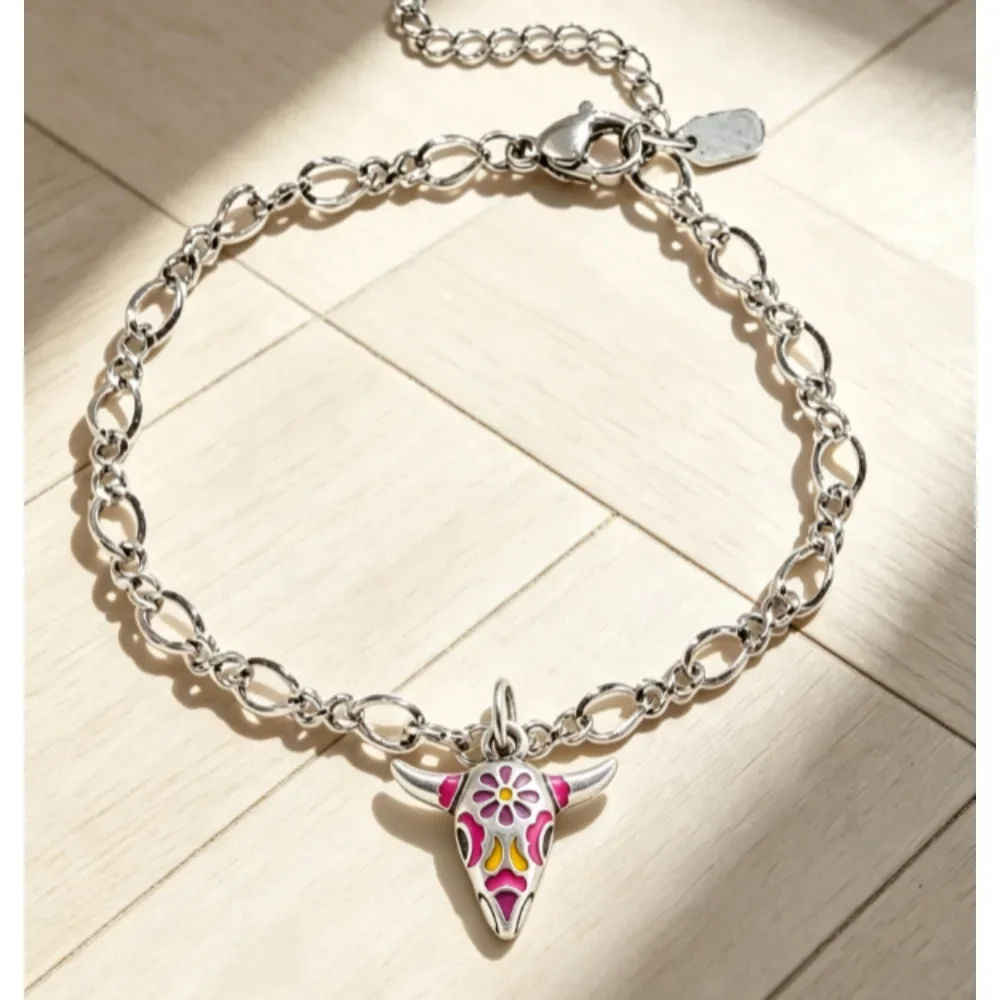 2027 S925 Sterling Silver Oval Link Charm Bracelet Bundle Western Cow Skull and Character Pendants Enamel Decor Adjustable Extension Chain Lobster Clasp Polished Silver Finish Trendy Wrist Jewelry Gift for Women Girls