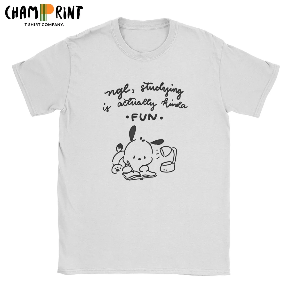 Men Studying Is Fun Cute Pochacco T Shirts Pure Cotton Tops Amazing Short Sleeve Crewneck Tees Printed T-Shirt