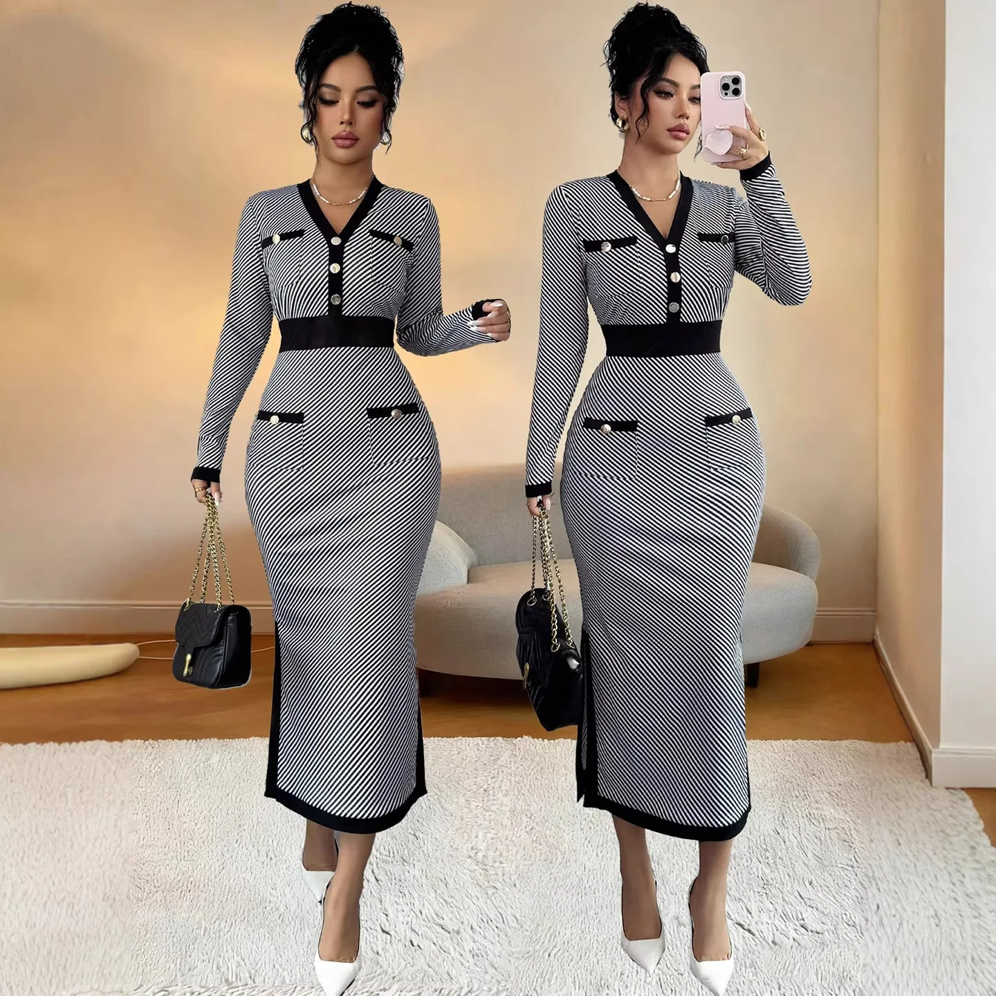 Langes Kleid für Damen, Etuikleid mit V-Ausschnitt, Maxikleid mit mehreren Knöpfen, tailliert, A-Linie, Frühling 2026, Vestidos, Büro-Lady-Stil