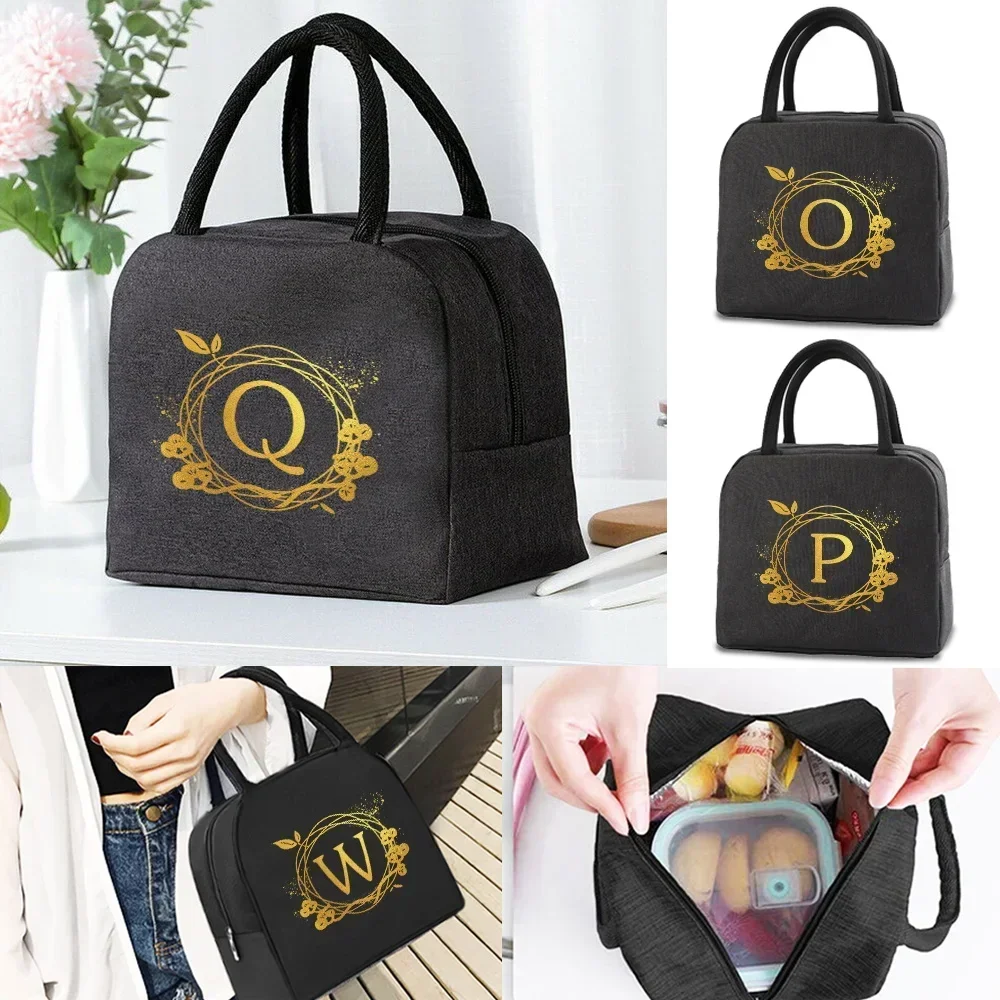 

Lunch Bag Bento Box Storage Bag Convenient Insulated Tote Bag Canvas Insulation Food Safety Gold Lettering Print Reusable