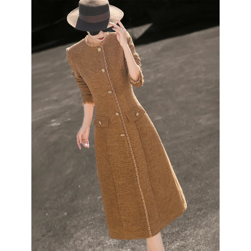 

MEXCOCO 2022, осенне-зимнее новое стильное элегантное шерстяное платье для похудения и похудения с грибковым краем