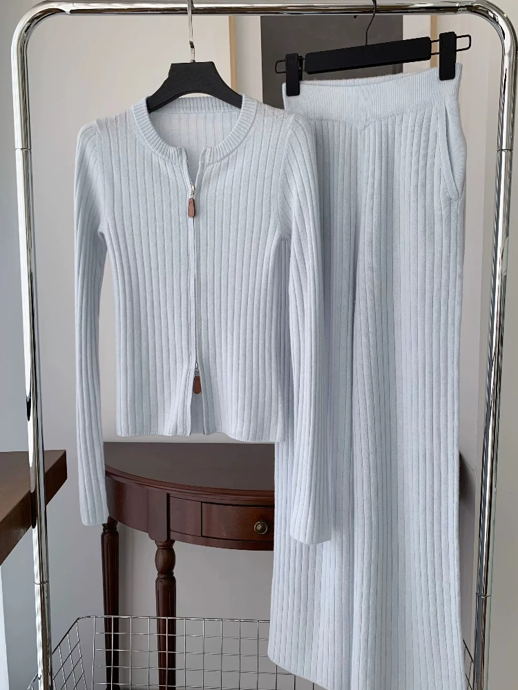 Dress Ensemble Luxury Cashmere Knit Cardigan Top Paired With Matching Midi For Autumn Elegant Classic Chic Sophisticated Skirt