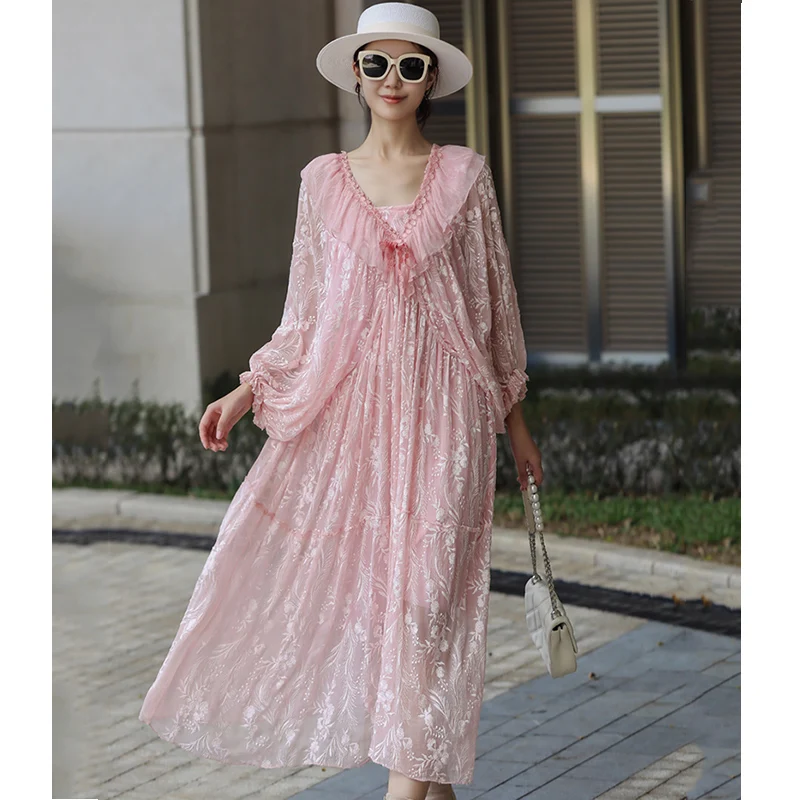 Spring Silk Fashionable V-Neck Spliced Ruffled Edges Elegant Women's Clothing High-End Embroidery Loose Dress One Size