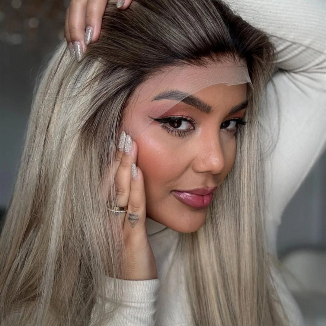 

Роскошные брюнетки из волокна, омбре, пепельно-платиновый блондин, синтетические кружевные фронтальные парики, натуральный прямой парик с реалистичным видом и темными корнями