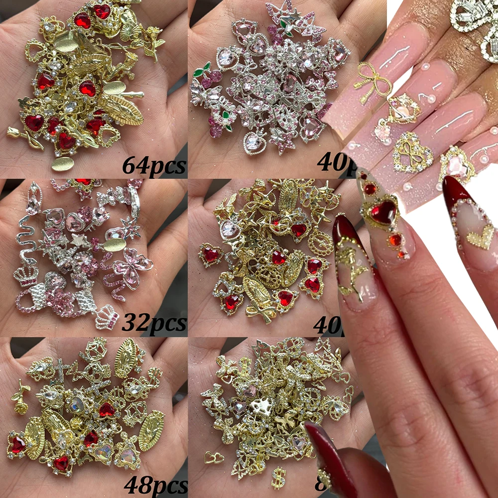 3D oro plata corazón flor Cruz dijes de uñas aleación de lujo Bowknot mariposa uñas diamantes de imitación Y2k Metal decoración de uñas plana