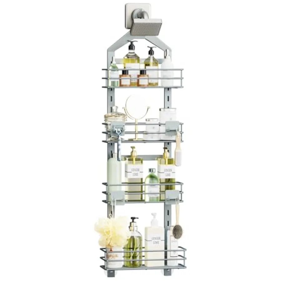 

4 Tier Adjustable Anti-slip Shower Caddy over Shower Head, Rustproof Bathroom Hanging shower Organizer with 4 Hooks for Razor,