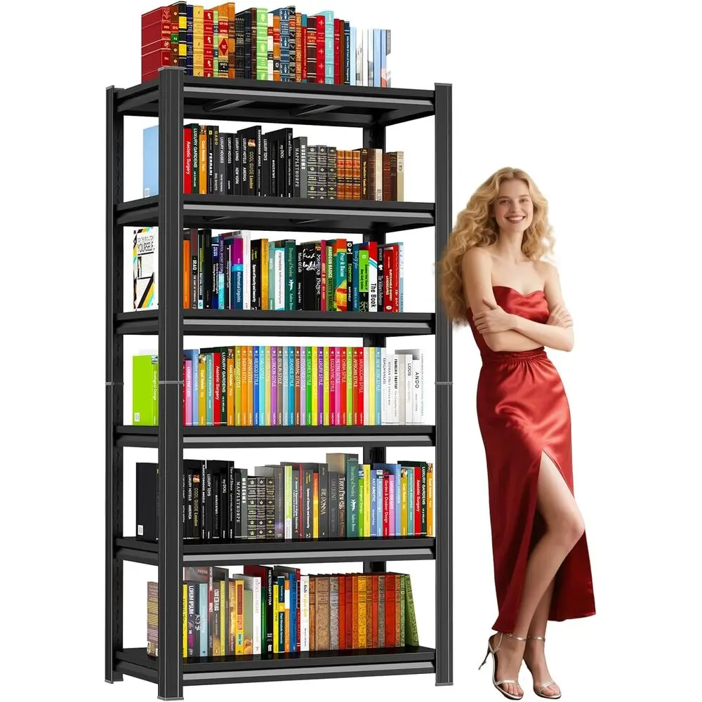 

6-Tier Tall Metal Bookshelf with Storage for Home Office, Living Room, and Bedroom - Sturdy Display Shelves, Black, 82H, 1800lbs
