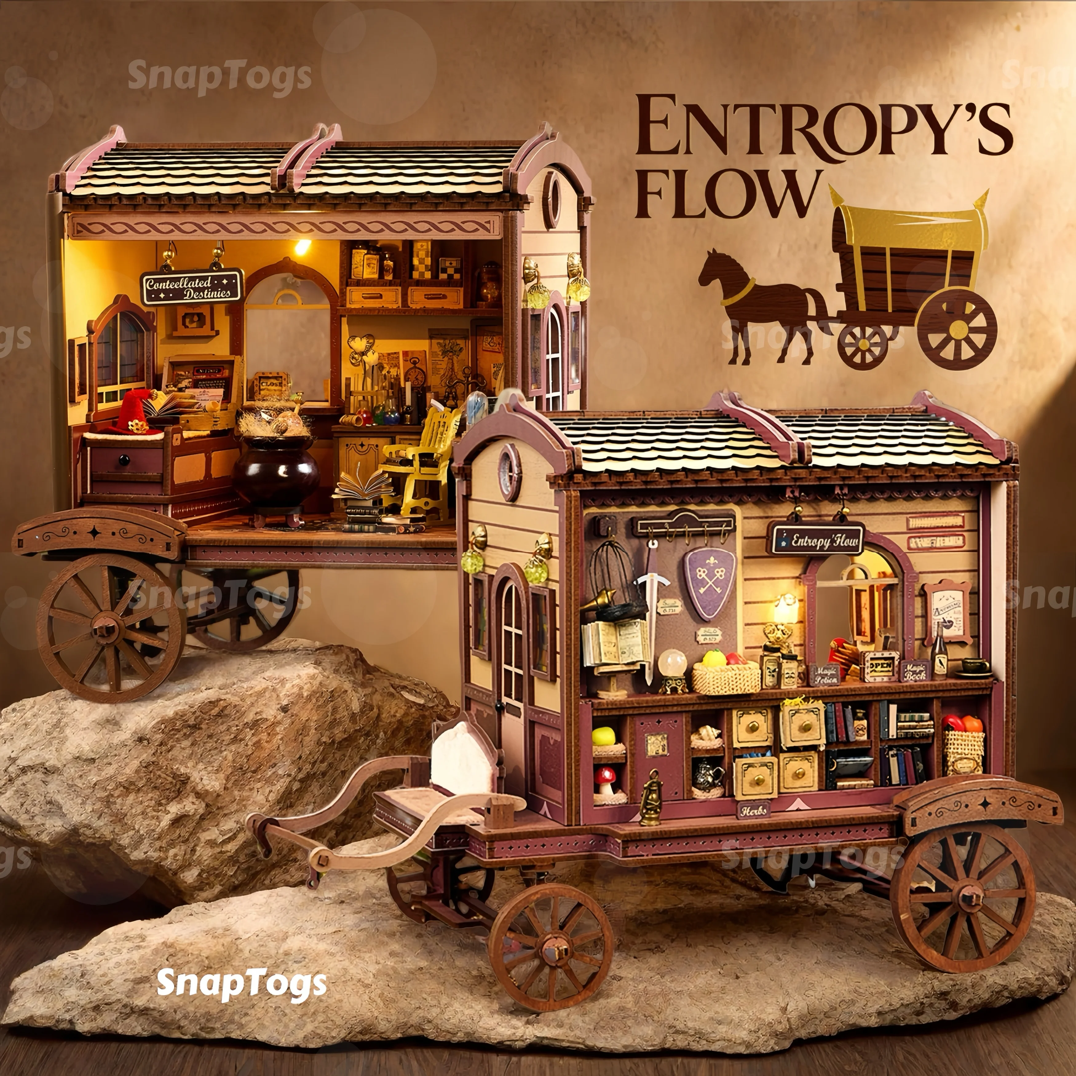 SnapTogs DIY Miniature House Kit Magical Caravan Model with Rotatable Wheels Handcrafted Tiny House Handmade Miniature Diorama