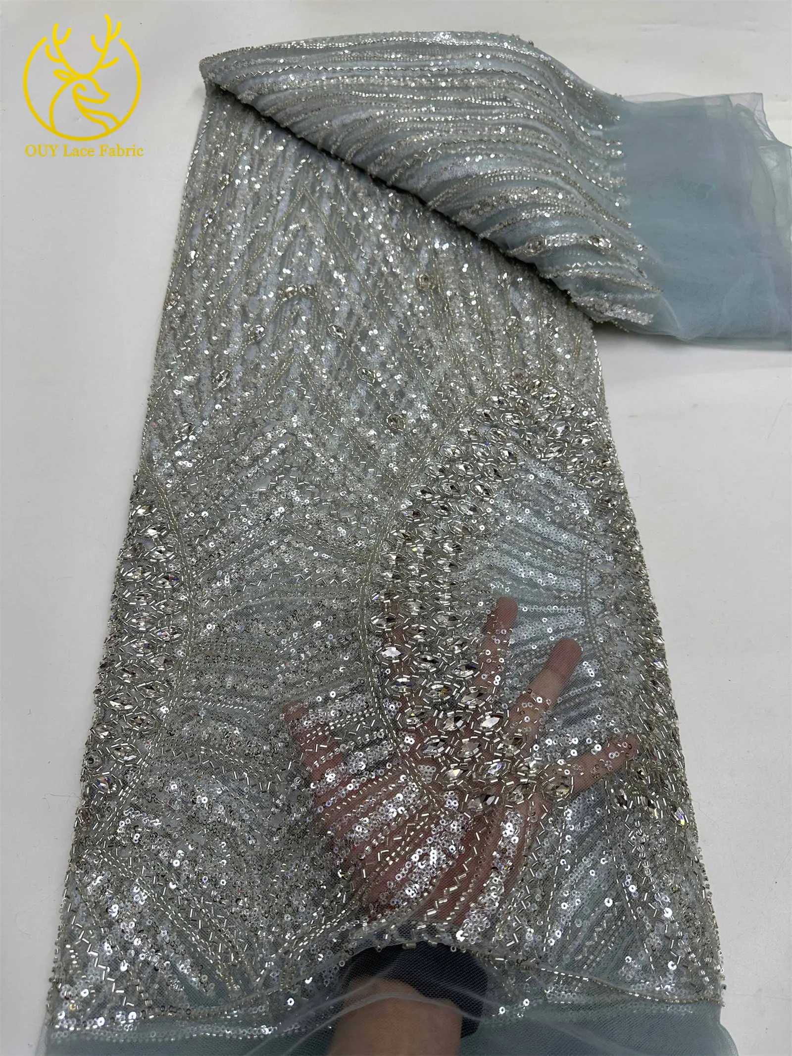 Luxuriöser afrikanischer Edelstein-Perlen-Spitzenstoff 2026 Premium nigerianischer französischer Pailletten-Mesh-Spitzenstoff für Partykleider und Brautkleider – Detail 14