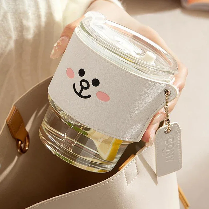 Anime 450Ml Glass Cup with Lid Straw Kawaii Brown Bear Sally Cony Creative Juice Milk Tea Drinking Water Bottle Accompanying Mug