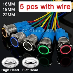 5 pcs Metal Push Button Switch with Connector 16MM 19MM 22MM High Head Ring Lamp Waterproof Flat LED Self Lock Reset 12V 220V