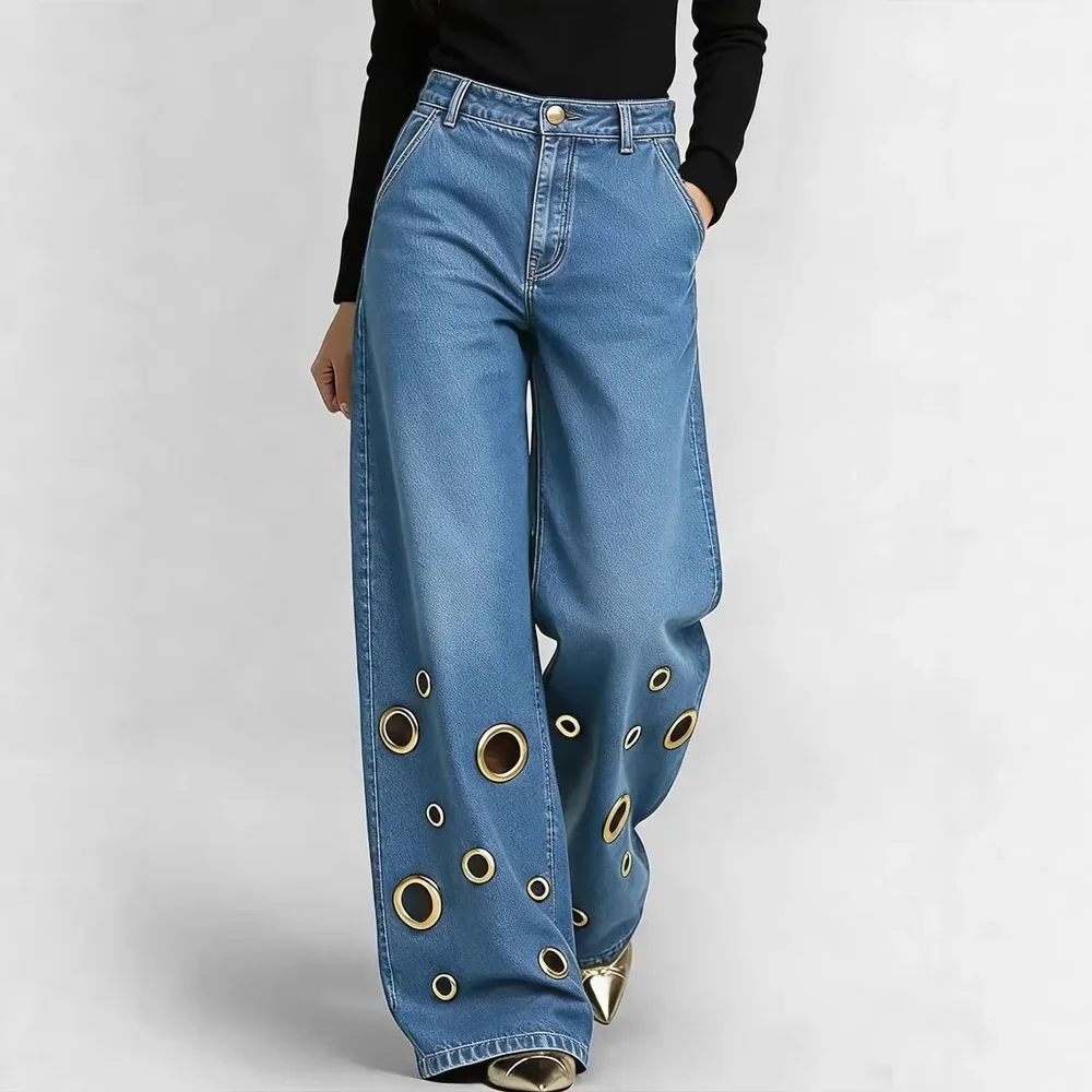 Women High Waist Loose Streetwear Jeans, Hollow Metal Eyelet Wide Leg Denim Trousers, New Casual Ladies Pants