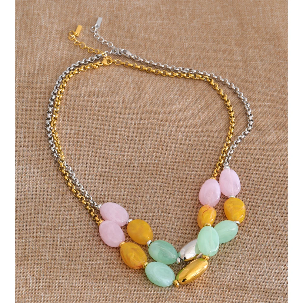 Yhpup Spring Summer Style Stainless Steel Candy Color Resin Stone Chain Handmade Necklace 2026 Waterproof Light Color Jewelry