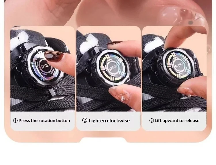 Neu: 1 Paar automatische flache Schnürsenkel für Freizeitschuhe und Sneaker – Schnürsenkel ohne Binden in Schwarz-Weiß mit Drehverschluss für Erwachsene und Kinder – Detail 3