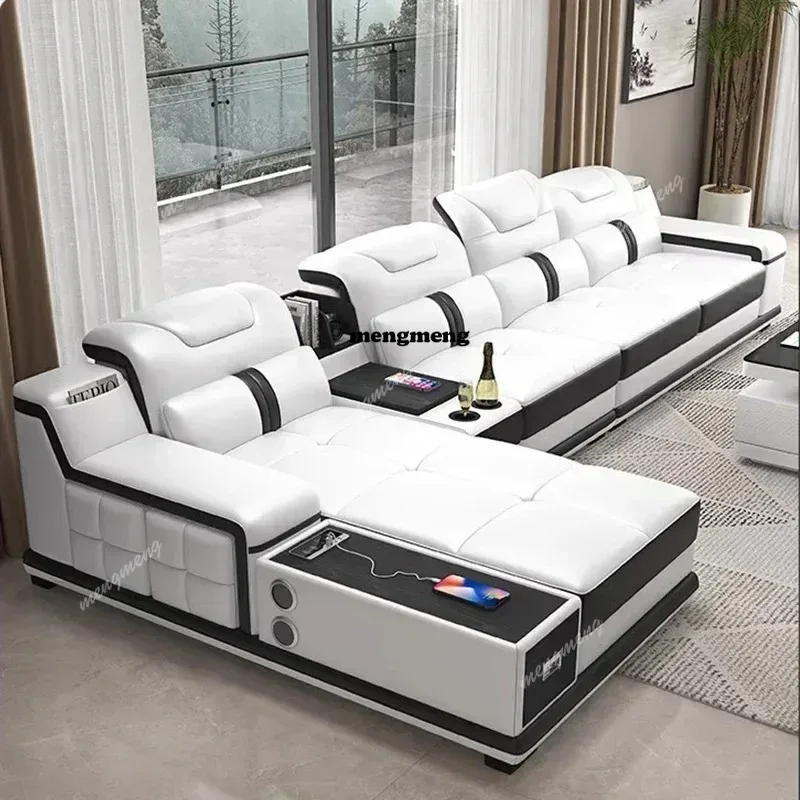 

L185 Luxury Italian Genuine Leather Sectional Sofa Set With Bluetooth Speaker And USB Ports Cow Leather Divano Living Room Furni