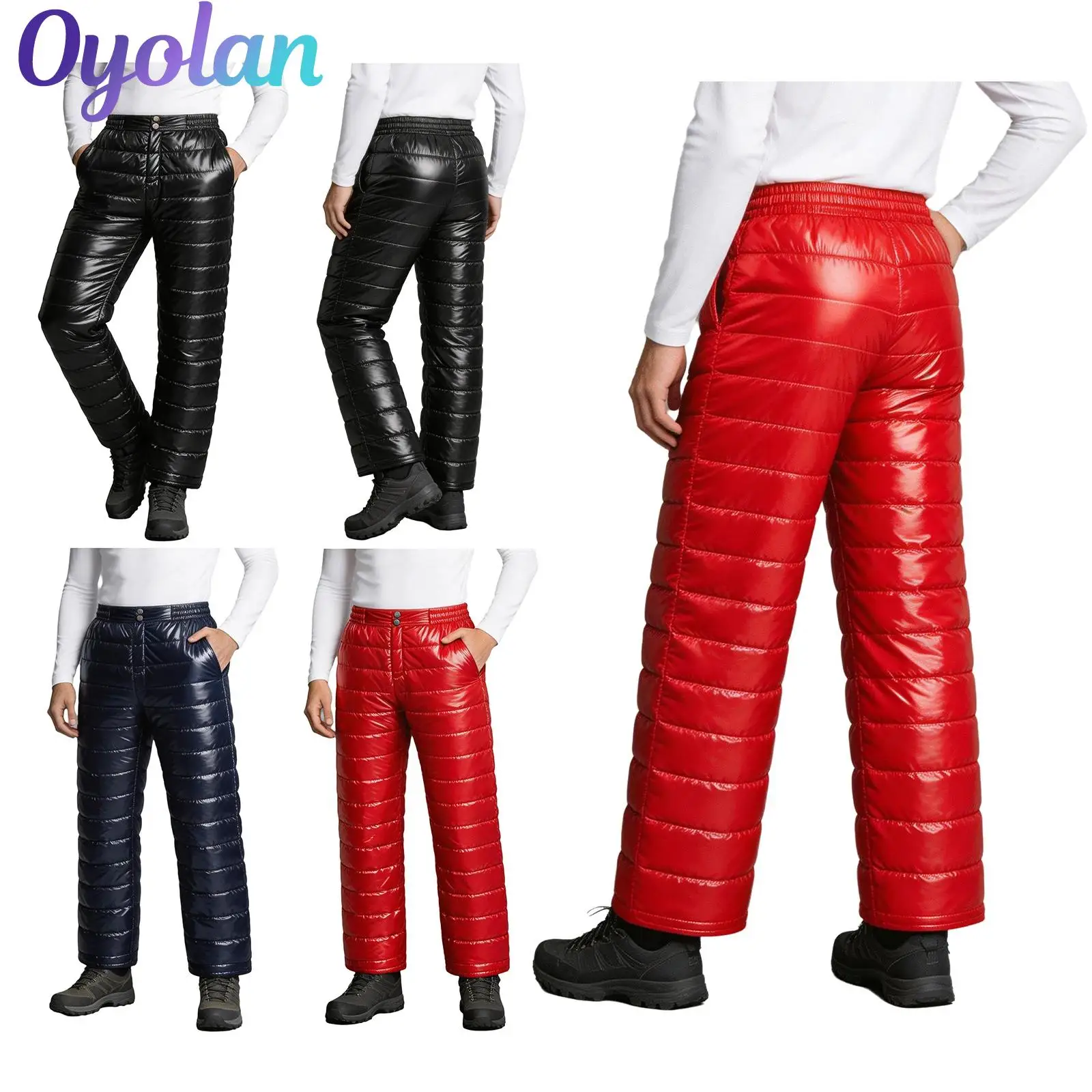 Mens Shiny Quilted Puffer Pants Glossy Padded Wide‑Leg Trousers Elastic Waistband Button Winter Thermal Wind‑Resistant Pant